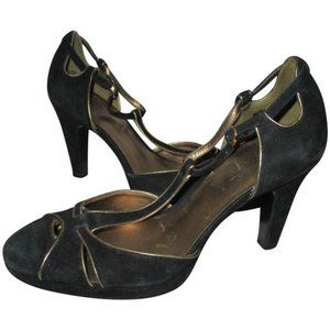 *Ann Taylor Black Suede Gold Trim D-orsay T-Strap